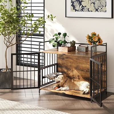 Lovmor Furniture Style Dog Crate Large Dogs Indoor Heavy Duty Dog Kennels with 2 Stainless Steel Bowls