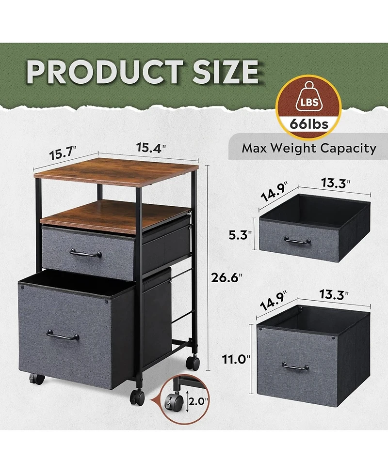 Mobile File Cabinet, Rolling Printer Stand with Open Storage Shelf, Fabric Vertical Filing Cabinet fits A4 or Letter Size for Home Office