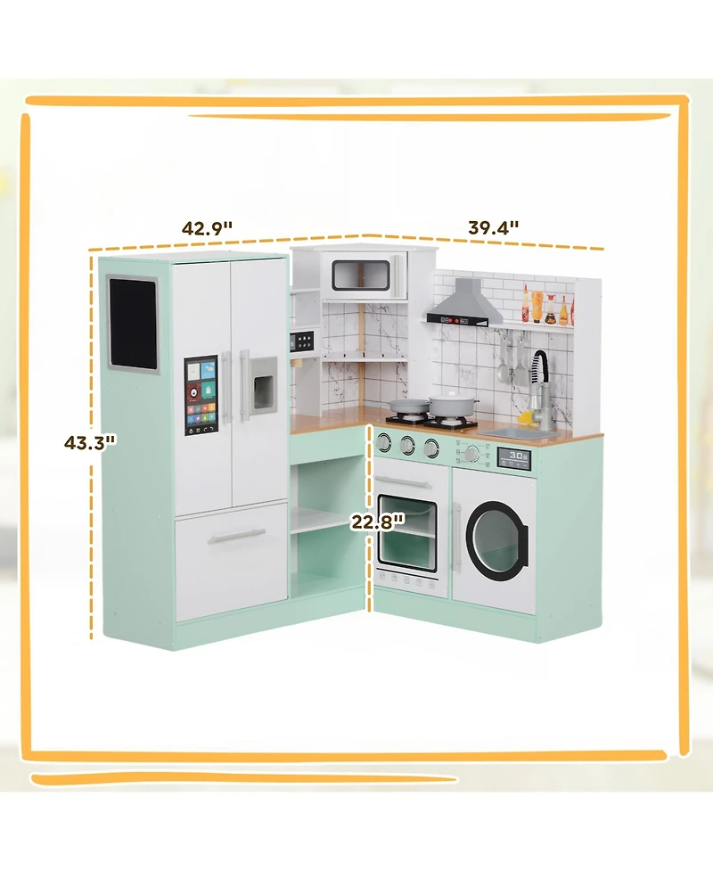 Qaba Play Kitchen, Corner Kids Kitchen Playset w/ Chalkboard, Range Hood