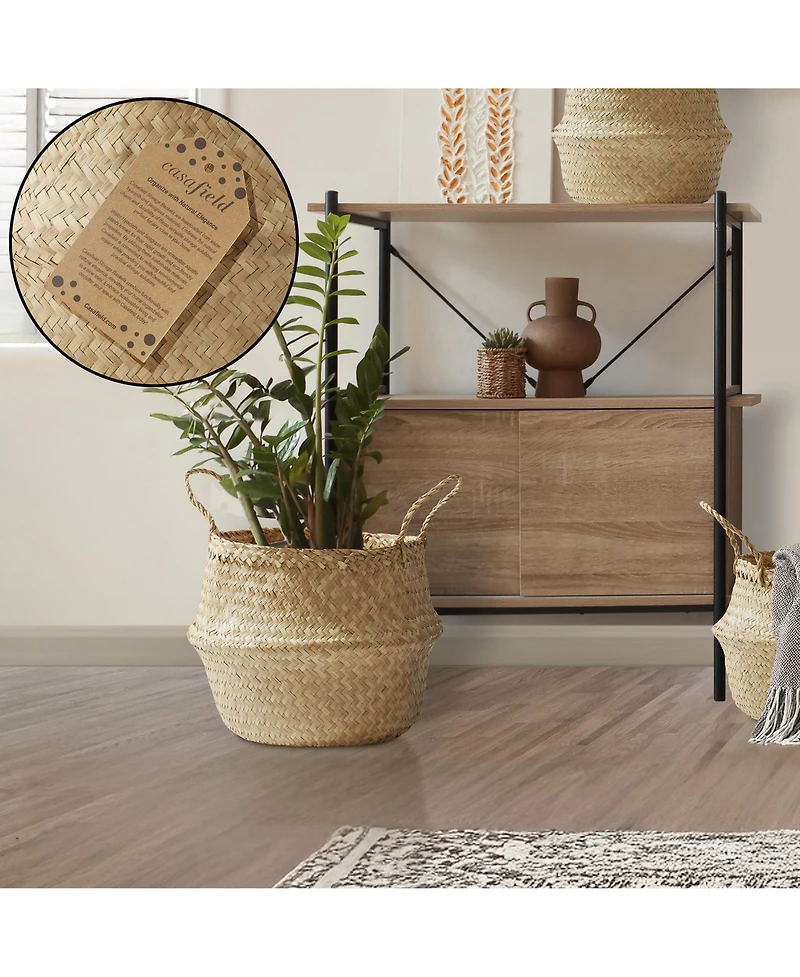 Casafield Seagrass Belly Basket with Handles - Large, Natural Woven Storage Bin Planter for Home Decor, Indoor Plant Pot Cover