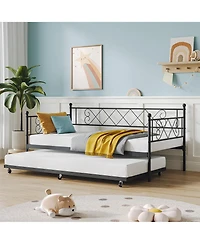 Twin Daybed with Pull-Out Trundle, Stylish Headboard and Metal Slats