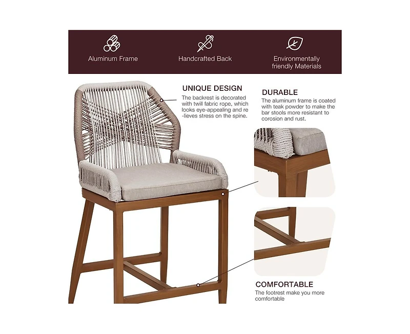 Woven Outdoor Counter Height Bar Stools Chairs Set of 2, Rattan Garden Counter Stools with Aluminum Frame, Modern Barstool with Backrest for Kitchen