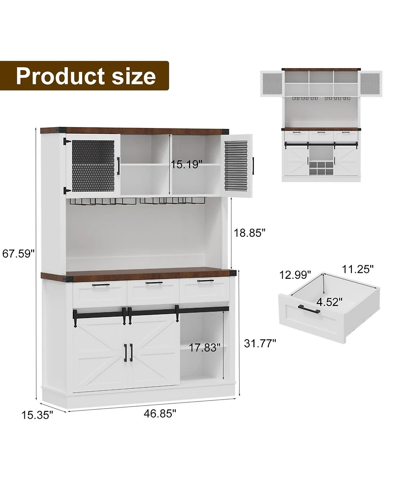 gaomon Farmhouse Bar Cabinet with Sliding Barn Door, Tall Kitchen Buffet Hutch Cabinet with Wine & Glasses Rack, Rustic Coffee Bar Sideboard for Livin