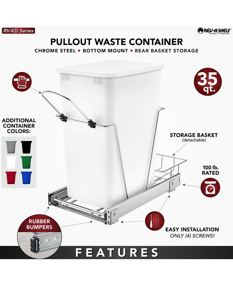 Rev-a-shelf Pullout Trash Can 35 qt. for Kitchen Cabinets, Blue, Rv-12KD-22C-S