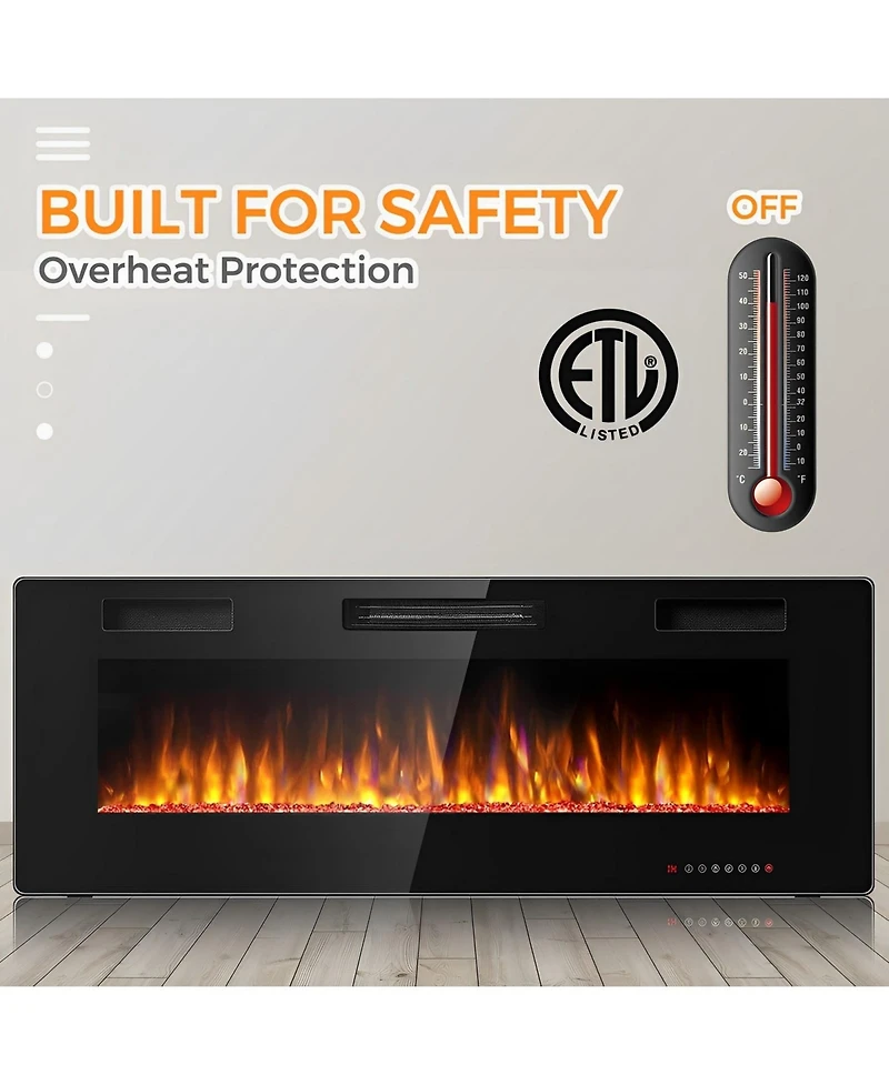 Sugift 50 Inch Recessed Ultra Thin Electric Fireplace with Timer