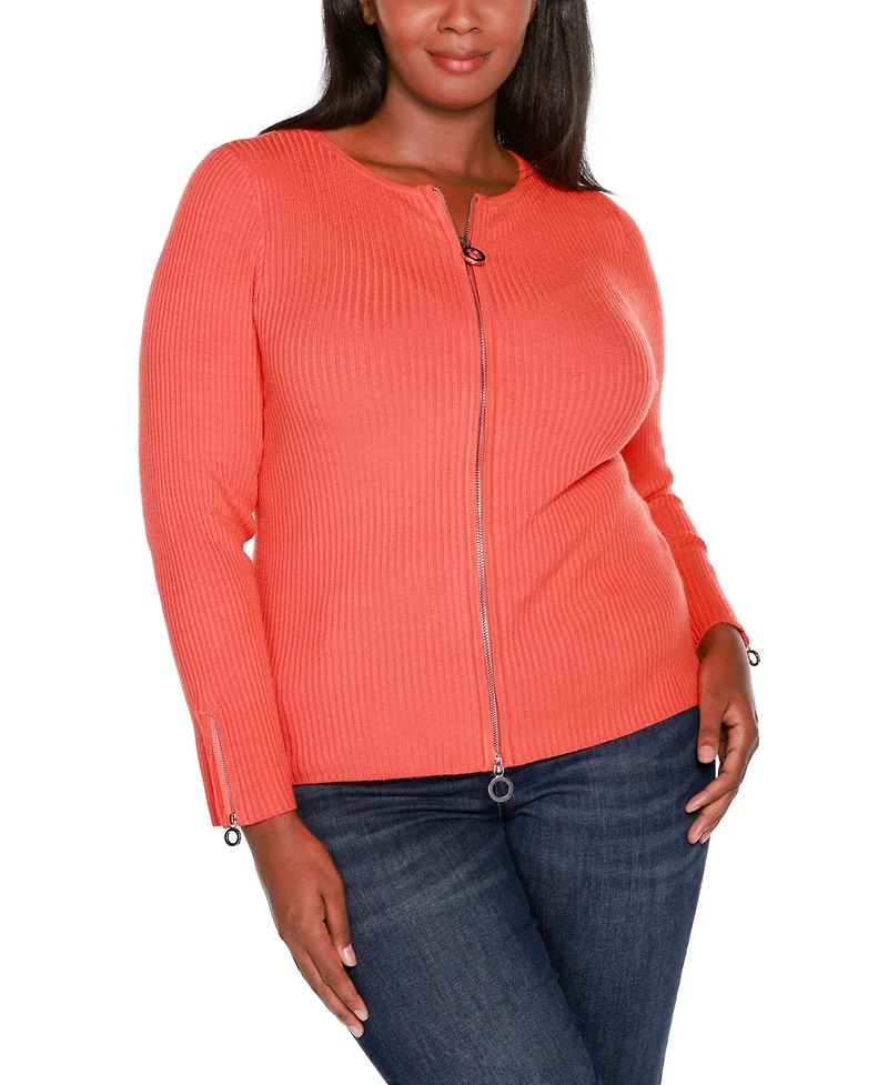 Belldini Plus Size Black Label Ribbed Double-Zip Cardigan Sweater
