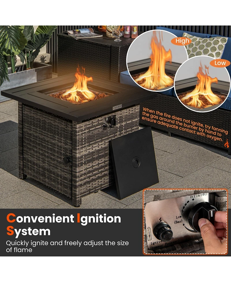 29 Inch Propane Rattan Firepit Table with Lava Rocks and Protective Cover