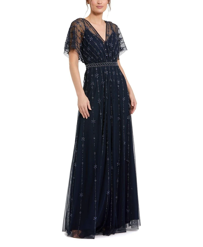 Mac Duggal Women's V Neck Embellished Flutter Sleeve A Line Gown