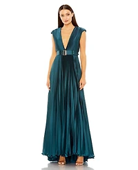 Mac Duggal Women's Pleated Plunge Neck Belted A Line Gown