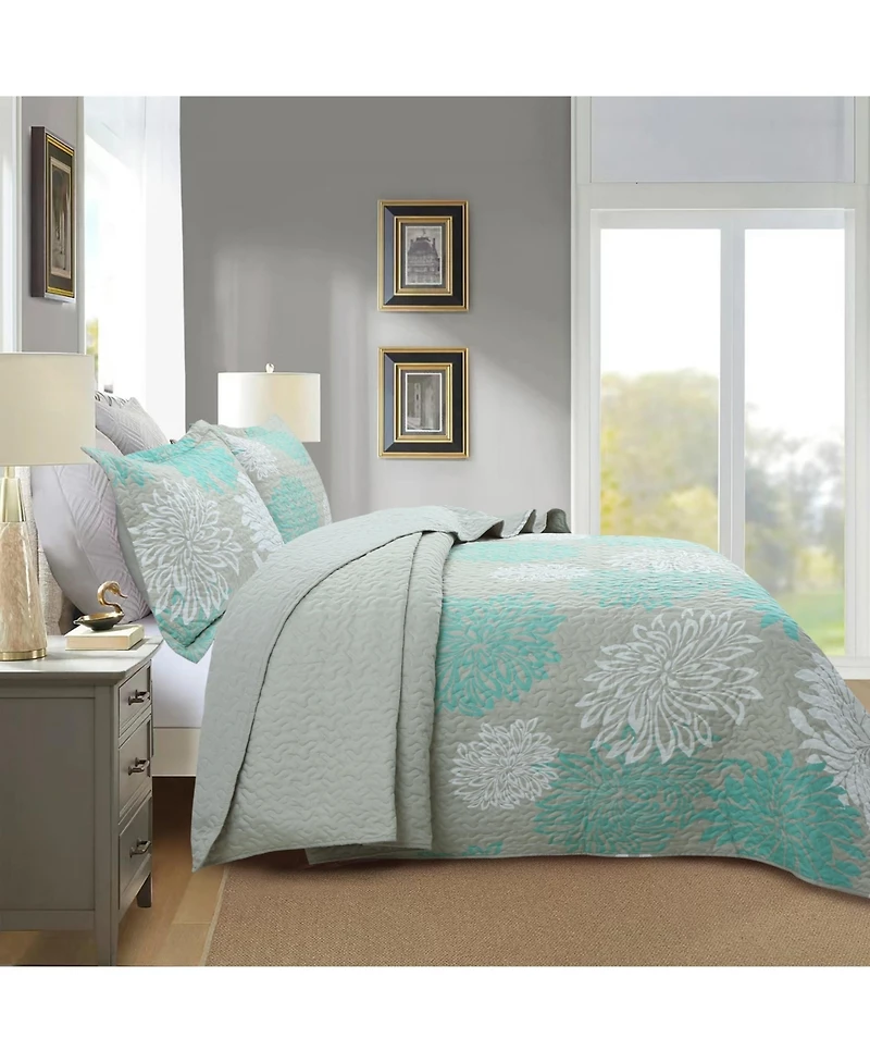 MarCielo 3 Piece Chrysanthemum Pattern Quilt Set Lightweight Bedspread Set Queen