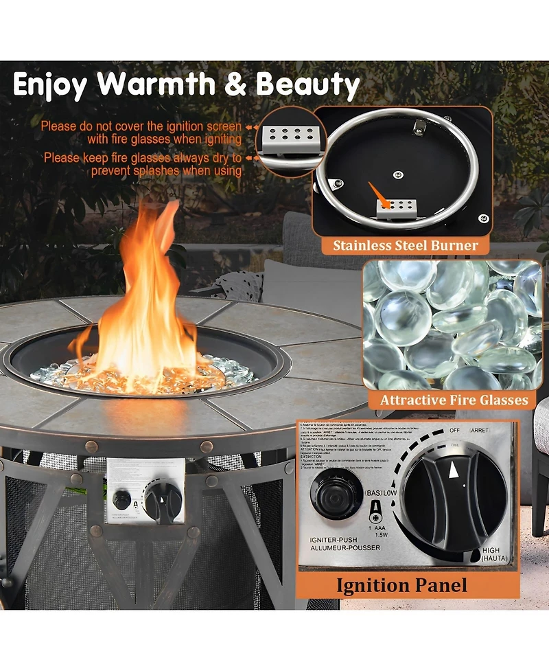 Sugift 32 Inch 30000BTU Fire Pit Table with Fire Glasses and Pvc Cover