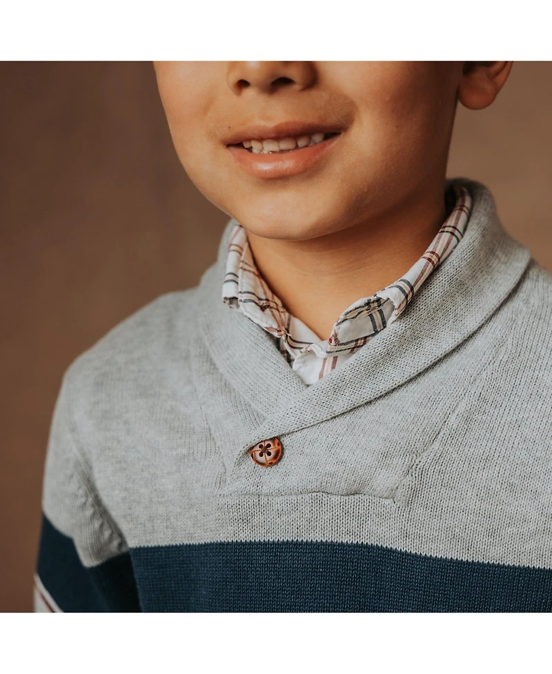 Hope & Henry Boys Organic Long Sleeve Shawl Collar Sweater with Engineered Stripe