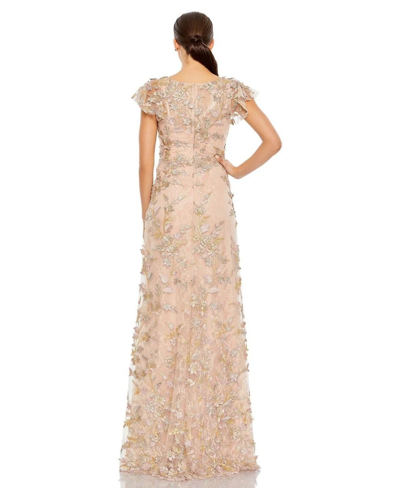 Mac Duggal Women's Embroidered Applique Wrap Over Flutter Sleeve Gown
