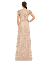 Mac Duggal Women's Embroidered Applique Wrap Over Flutter Sleeve Gown