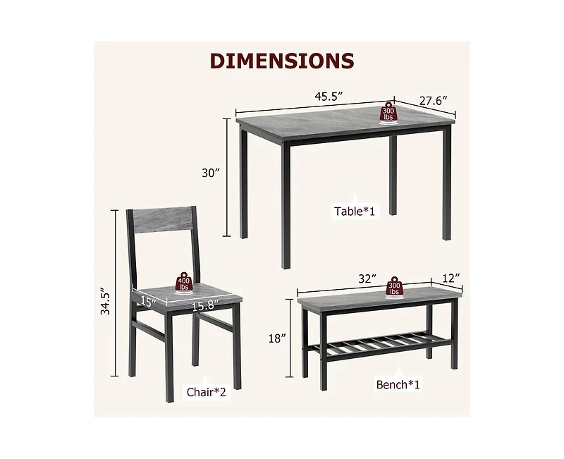 gaomon Dining Table Set for 4, Modern Kitchen Table with Bench and Chairs, 4 Piece Dining Room Table with Storage Rack for Small Spaces