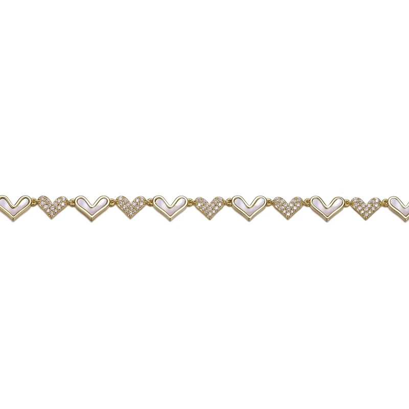 Sterling Silver 14K Gold Plated Heart Cubic Zirconia and Mother of Pearl Link Bracelet