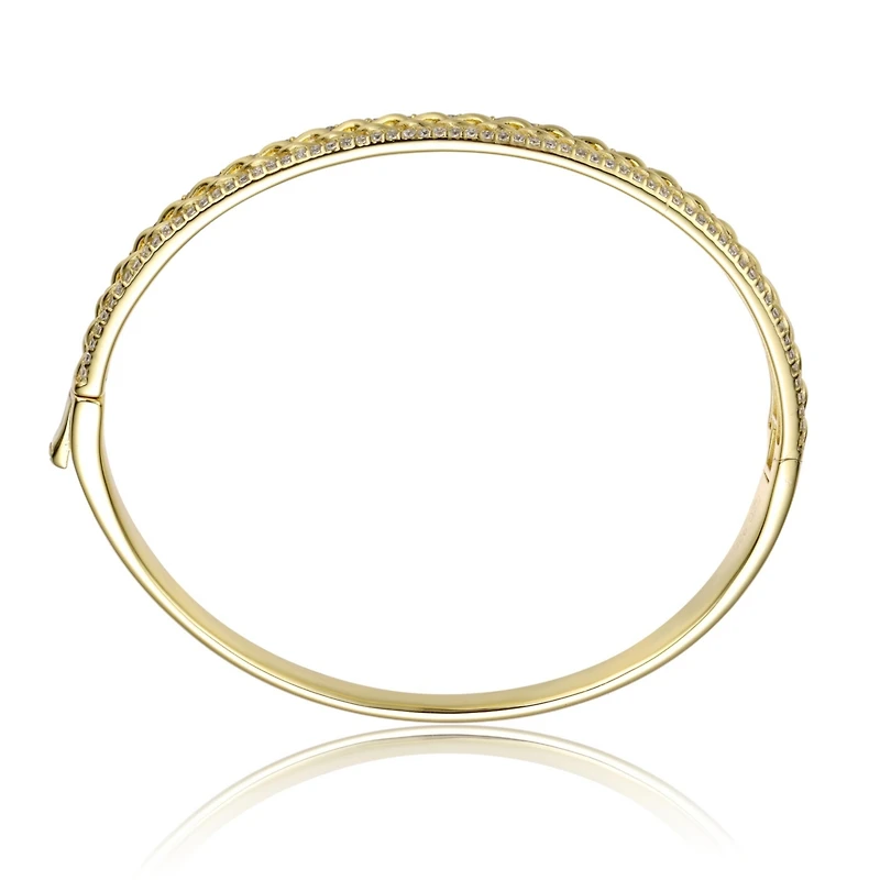 Sterling Silver 14k Yellow Gold Plated with Cubic Zirconia Chain Link Stiff Bangle Bracelet