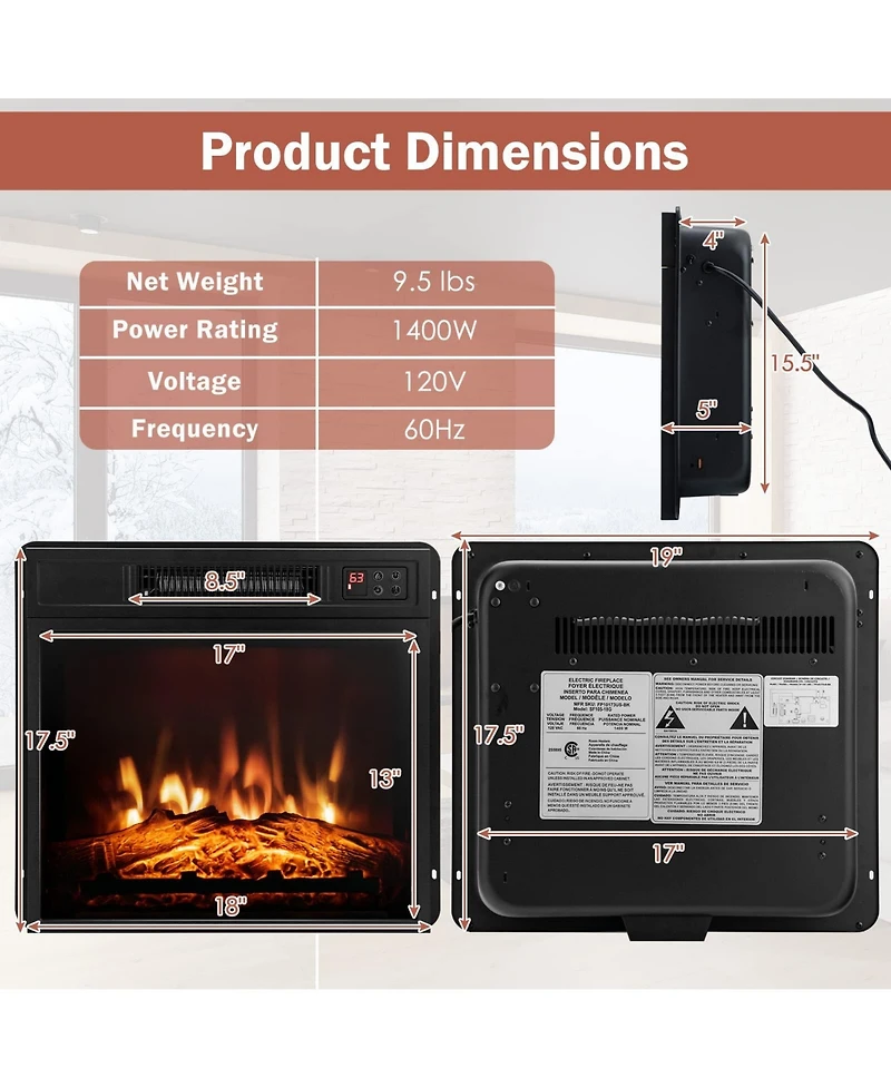 Sugift 18 Inch Electric Fireplace Inserted with Adjustable Led Flame