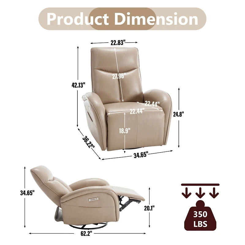 Power Recliner Chair with Lumbar Support Max Swivel Degree 270° Heavy Duty Motion Mechanism with Usb and Type-c Ports