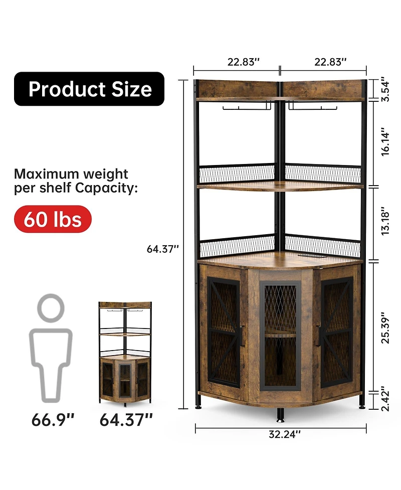 gaomon Tall Corner Bar Cabinet with Power Outlet and Led, Wine Cabiner for Liquor, Industrial Corner Cabinet with Wine Storage, 5-Tiers Liquor Cabinet