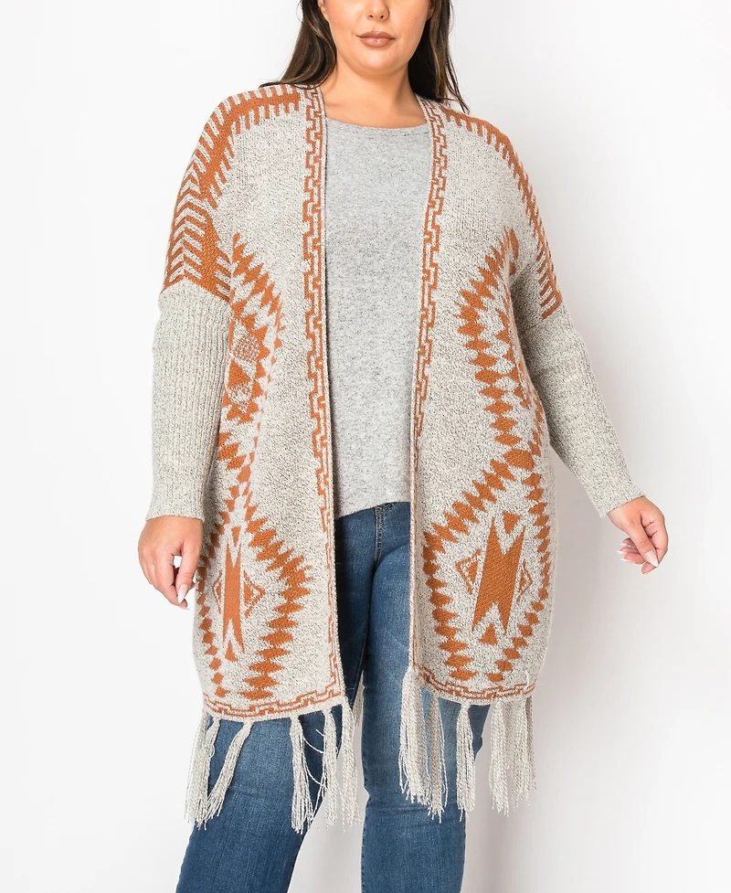 Coin 1804 Plus Tribal Cardigan Sweater with Fringe