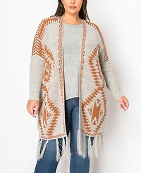 Coin 1804 Plus Tribal Cardigan Sweater with Fringe