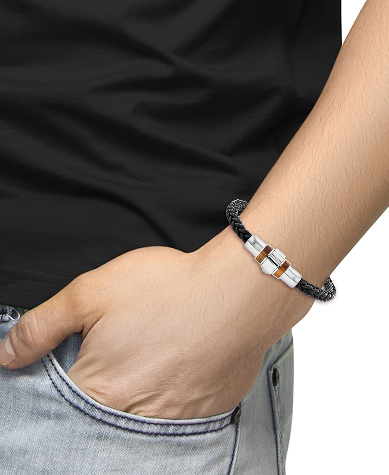 Effy Men's Tiger's Eye (12 x 5mm) Braided Leather Bracelet in Sterling Silver
