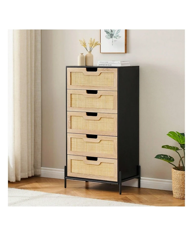 Modern Rattan 5 Drawers Dresser, Double Dresser For Bedroom