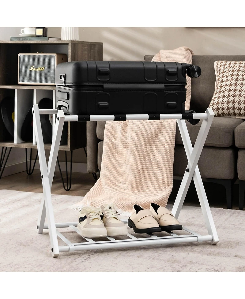 Set of Folding Metal Luggage Rack Suitcase Shoe Holder Hotel Guestroom withShelf