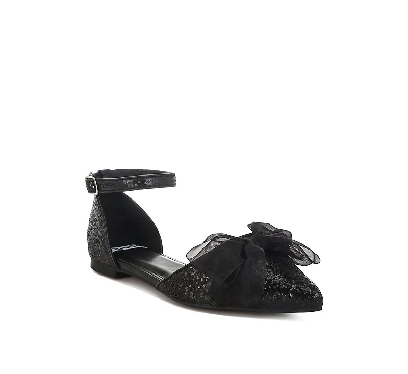 Clarice Sheer Bow Detail Glitter Flat Sandals