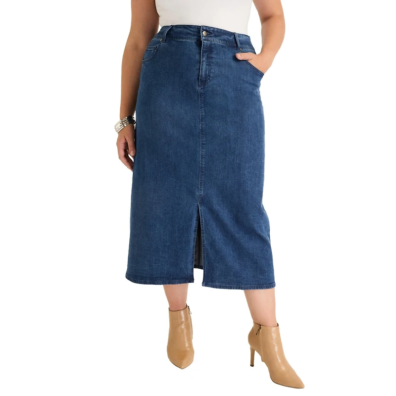 June + Vie Women's June + Vie Front-Slit Denim Midi Skirt