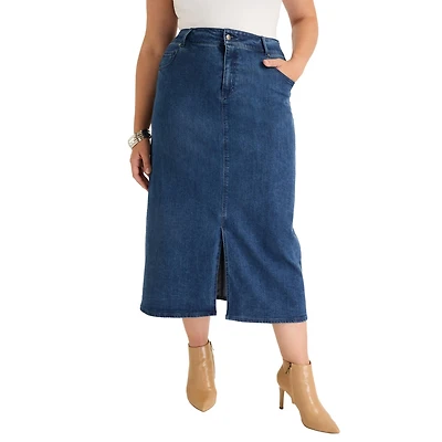 June + Vie Women's June + Vie Front-Slit Denim Midi Skirt
