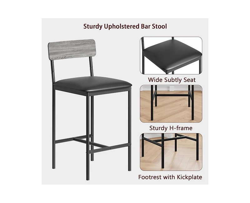 Bar Stools Set of 4, Kitchen Bar Stools with Footrest, 25.5 Inches Upholstered Bar Chairs with Back, 4 Counter Height Barstools for Counter Bar, Islan