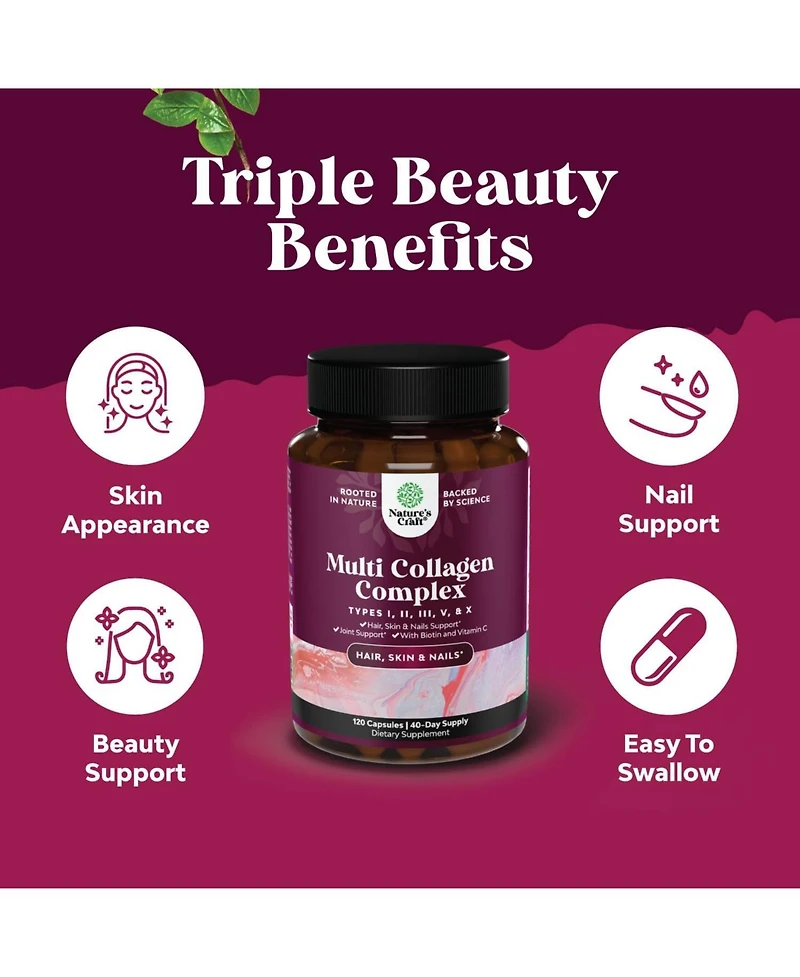 Multi Collagen Complex Capsules, Biotin and Collagen Supplement with BioPerine and Hair Skin and Nails Vitamins, Nature's Craft, 120ct