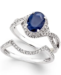 Sapphire (1-1/2 ct. t.w.) and Diamond (3/8 ct. t.w.) Bridal Set of 2 Rings in 14k White Gold