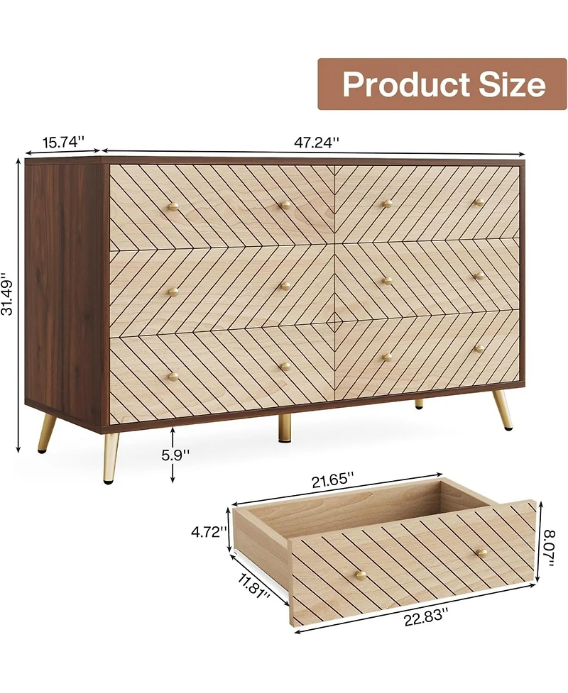 Tribesigns 47-Inch Dresser for Bedroom with 6 Drawers, Double Wide Chest of Drawers with Gold Legs, Wood and Metal Storage Dresser for Closet, 6-Drawe