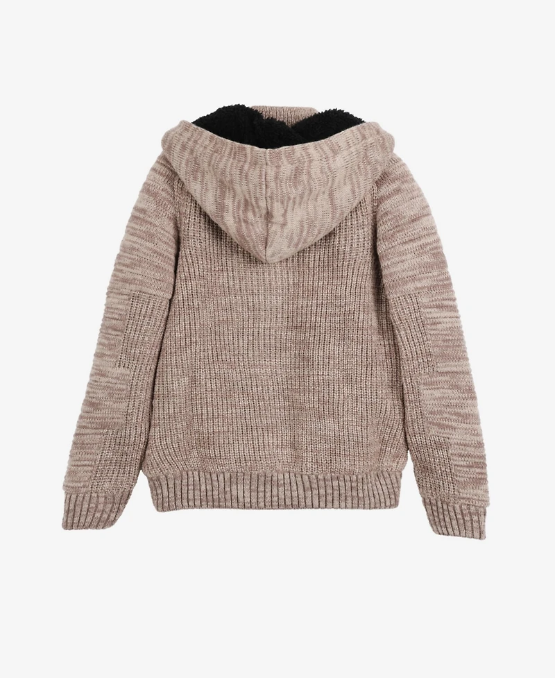 Boy's Hooded Faux Shearling Lining Full Zip Sweater With Moto Design Arm Piece