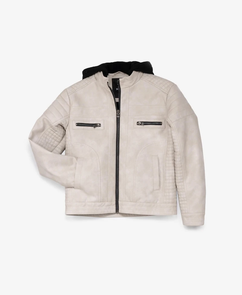 Boy's Lined Moto Pu Leather Jacket With Removable Hood
