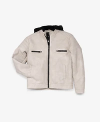 Boy's Lined Moto Pu Leather Jacket With Removable Hood