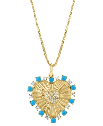Effy Turquoise & Diamond (1/8 ct. t.w.) Sunray Heart 18" Pendant Necklace in 14k Gold