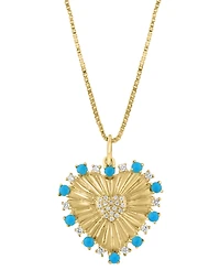 Effy Turquoise & Diamond (1/8 ct. t.w.) Sunray Heart 18" Pendant Necklace in 14k Gold
