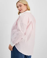 And Now This Trendy Plus Size Cotton Striped Contrast Shirt, Exclusively at Macy's