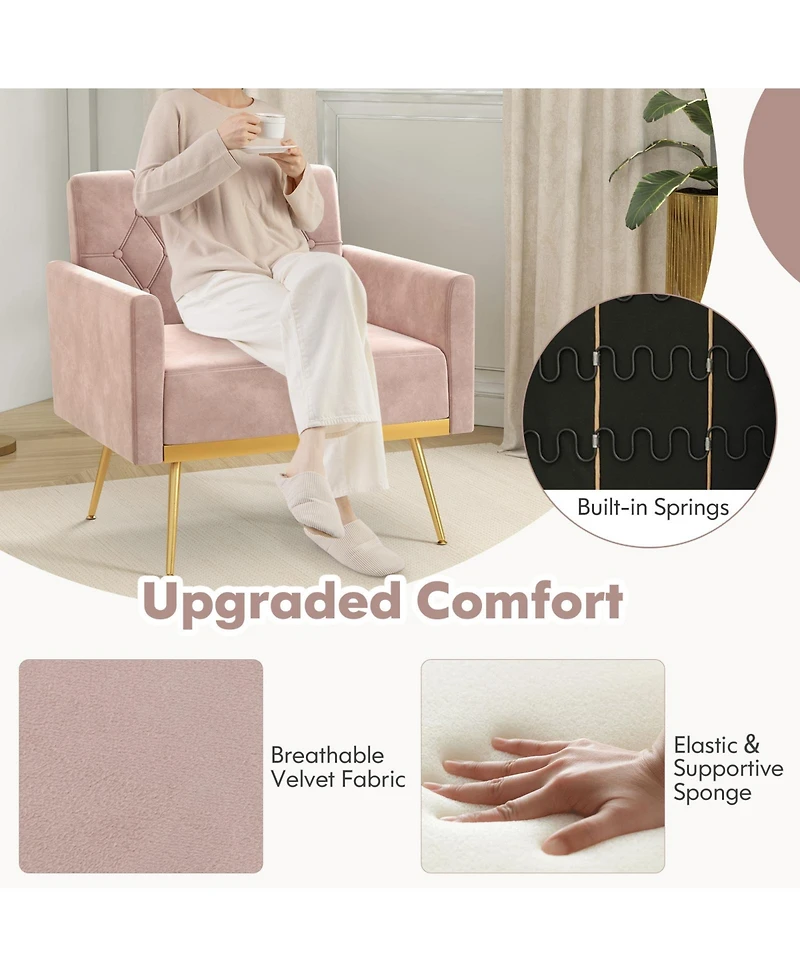 Gouun Modern Velvet Accent Chair with Button Tufted Back Metal Legs and Adjustable Foot Pads