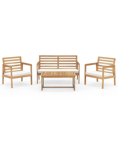 Gouun 4 Piece Wood Patio Conversation Set with 2 Armchairs and Coffee Table