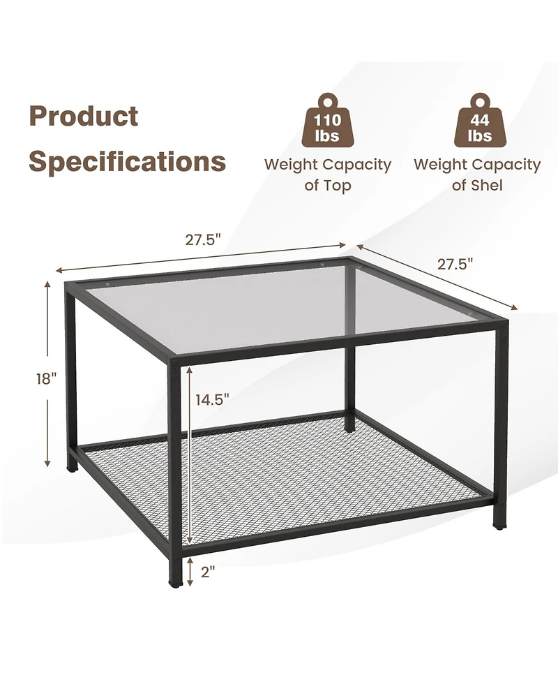 Gouun Modern 2-Tier Square Glass Table with Mesh Shelf