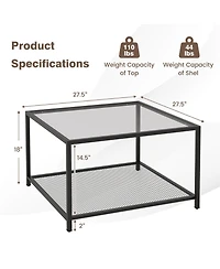 Gouun Modern 2-Tier Square Glass Table with Mesh Shelf