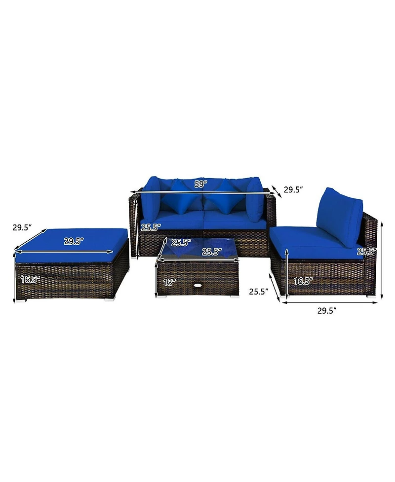 5 Pcs Outdoor Patio Rattan Furniture Set Sectional Conversation with Cushions