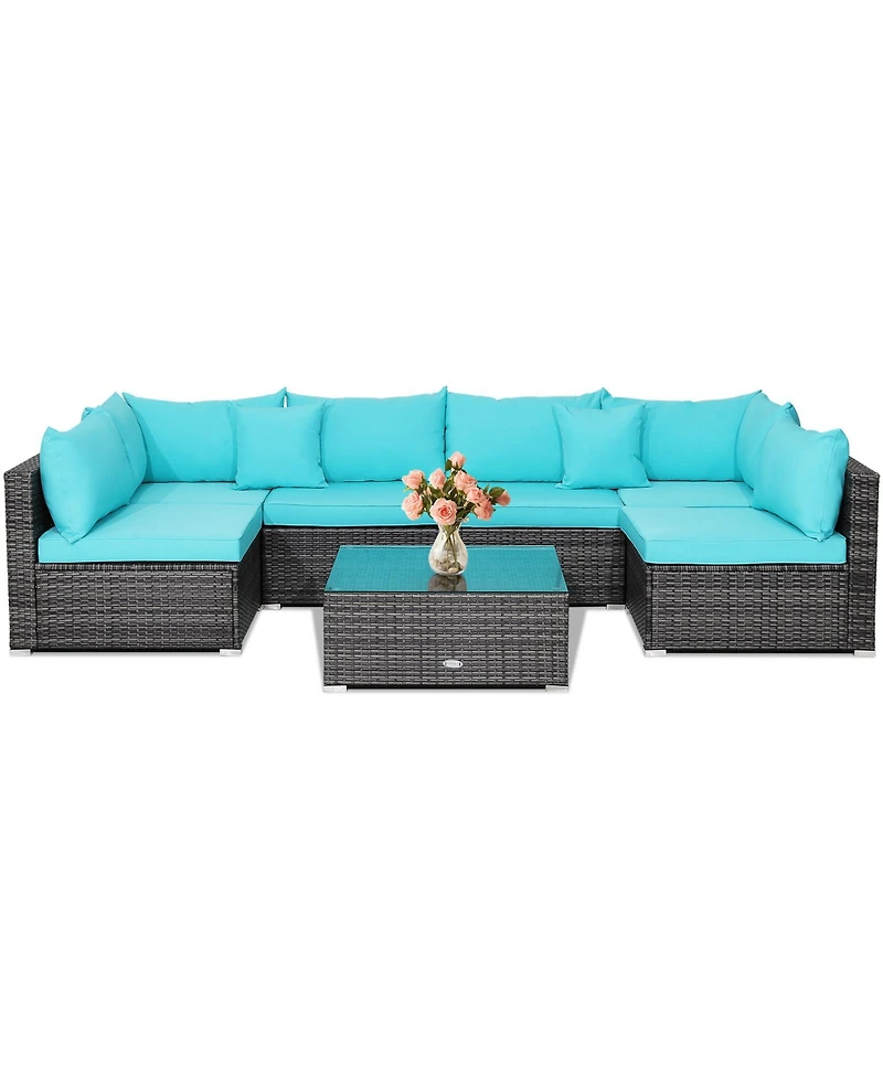 7 Pieces Patio Rattan Furniture Set with Sectional Sofa Cushioned