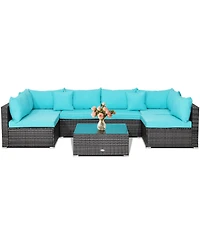 7 Pieces Patio Rattan Furniture Set with Sectional Sofa Cushioned