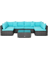 7 Pieces Patio Rattan Furniture Set with Sectional Sofa Cushioned